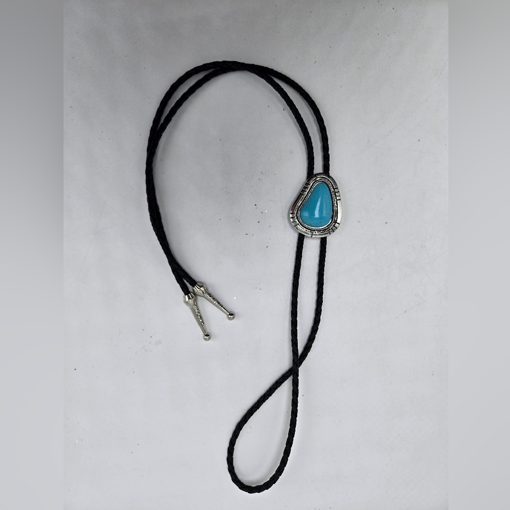 estern Wear Silver Tone Faux Turquoise Bolo Lariat Tie Men's Accessories Metal - Picture 3 of 4